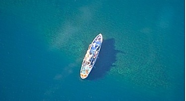This aerial photo included into the Transportation Safety Board report into the August 2010 grounding of the Clipper Adventurer shows what the ship looked like as it was stuck on the rock in the Coronation Gulf, about 55 nautical miles east of Kugluktuk.