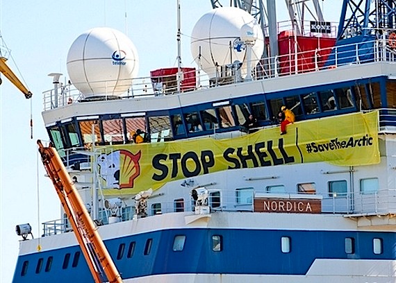 Greenpeace activists chained themselves to deck of the Nordica icebreaker in Helsinki's harbour on May 1 to block the oil giant Shell's plans to drill for oil and gas offshore Alaska.