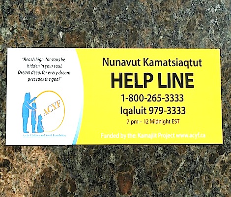 This sticker is a reminder that if you're in crisis and need to talk, you can call the Kamatsiaqtut help line to talk from 7 p.m. to midnight. The Arctic Children and Youth Foundation board member and singer Susan Aglukark recently dropped off 500 stickers between the high schools in Rankin Inlet and Iqaluit, as part of its help-line sticker campaign.