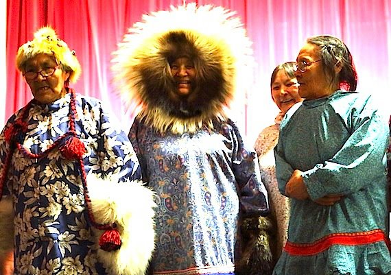 Cambridge Bay elders model traditional clothing during the Omingmak Frolics' traditional fashion show May 16 in Cambridge Bay. Find more photos of the Frolics on a special Nunatsiaq News Facebook page at http://on.fb.me/J9b9Zh. (PHOTO BY RED SUN PRODUCTIONS)
