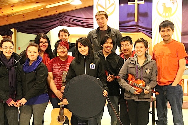 Participants at Iqaluit's first youth symposium on music and leadership pose May 31 at the Anglican parish hall in Iqaluit. Participants in the symposium, which ends June 1, include youth from Iqaluit, Igloolik and Pangnirtung who have demonstrated talent in music as well as leadership potential. “It’s turning out so well, I can totally see us trying to do this annually,” said facilitator Becky Kilabuk. Read more later about the symposium on Nunatsiaqonline.ca. (PHOTO BY SAMANTHA DAWSON)