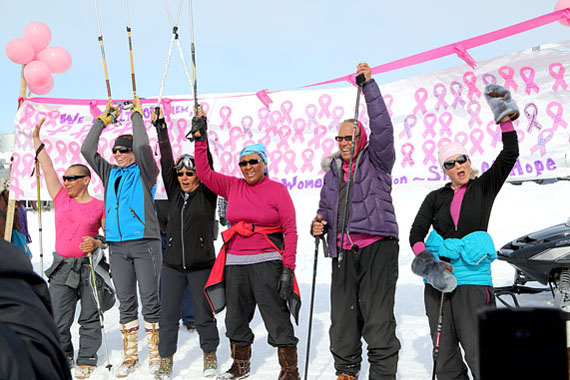 Walkers Janet Brewster, Elisabeth Hadlari, Jamie McInnis, Donna Olsen-Hakongak, Cambridge Bay mayor Jeannie Ehaloak and Nunavut Commissioner Edna Elias left Bay Chimo May 7 to walk to Cambridge Bay, 220 km away, to raise money for cancer research and promote healthy living. On May 19 they arrived in Cambridge Bay. See more photos on the Nunatsiaq News Facebook page at http://on.fb.me/K1mJob. (PHOTO BY RED SUN PRODUCTIONS)