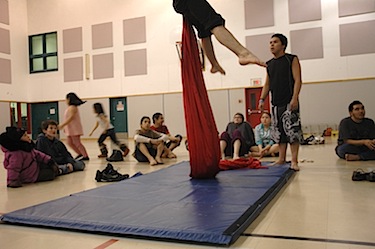 Students clown around at a Cirque du Monde training session at Kangiqsujuaq’s Arsaniq school in February 2010. (FILE PHOTO)