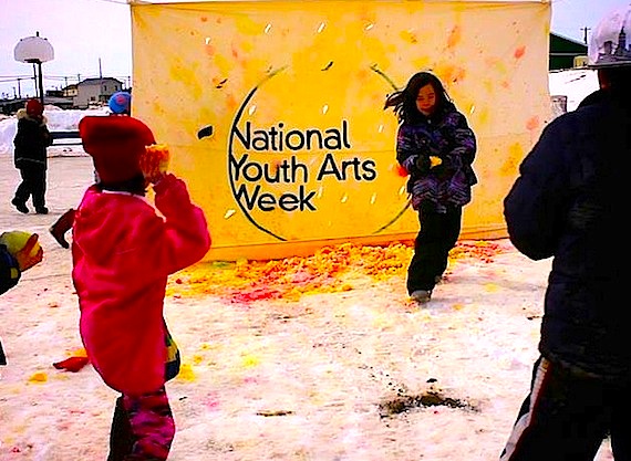 May 7 marks the last activities in Iqaluit during National Youth Arts week, which started out with a bang as kids, shown here, decorated a huge canvas with paint balls. Two workshops are scheduled for May 7 at Iqaluit's Centennial Library, the first, from 5:30 p.m. to 6:30 p.m., on how to write grant proposals with Karen Kabloona, and the second one, from 6:45 p.m. to 9 p.m., where you can learn to write and self-publish in a creative writing and zine-making workshop with Marion Lewis and Dan Galways. (PHOTO BY PATRICK BELAND)
