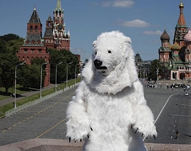 A Greenpeace activist dressed up as polar bear on Moscow's Red Square demands immediate global action to protect the Arctic from oil drilling. The Red Square was one of many global landmarks featured June 21 as part of Greenpeace's 