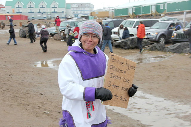 Leesee Papatsie at the June 9 food price demonstration in Iqaluit. Her Facebook group, “Feeding My Family” listed 19,000 members as of June 12. (SAMANTHA DAWSON)
