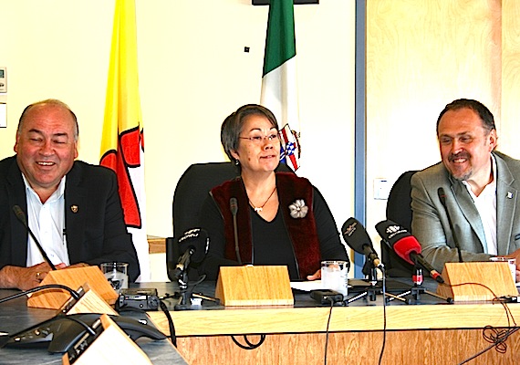 The Northern Premiers' Forum, a meeting among the three premiers of the three territories in Canada, wrapped up June 27 in Iqaluit. Bob McLeod of the Northwest Territories, Eva Aariak of Nunavut, and  Darrell Pasloski of Yukon discussed a host of topics such as: the Arctic Council, northern search and rescue, Nutrition North Canada, northern residents' deduction, health funding, infrastructure and northern economic development, resource industry training, devolution, and the Canadian energy strategy. Read more about the Northern Premiers' Forum on Nunatsiaqonline.ca. (PHOTO BY DAVID MURPHY)
