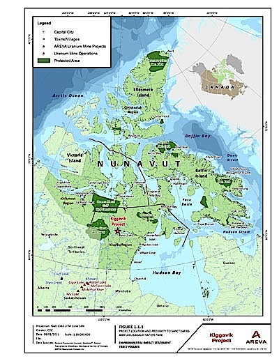 This map from Areva's draft environmental impact statement on the Kiggavik mine shows the mine's location. (FILE IMAGE)