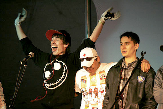 Nelson Tagoona of Baker Lake raises his arms in delight after learning he won the Alianait festival’s battle of the bands competition July 2 in Iqaluit. (PHOTO BY DAVID MURPHY)