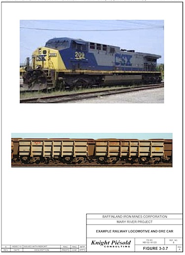 This image from Baffinland's environmental impact statement show the railroad locomotives and ore-carrying hoppers the company proposes for its 150-kilometre railway between the mine site and Steensby Inlet. 