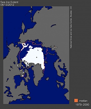 Arctic sea ice extent for Aug. 13 was 4.90 million square kilometres, 450,000 sq. km. below the same day in 2007. The orange line shows the 1979 to 2000 median extent for that month. The black cross indicates the geographic North Pole. (IMAGE COURTESY OF THE NSIDC)