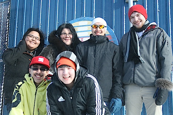 The National Inuit Youth Council production crew —  Kristen Dick of Inuvik, Northwest Territories; Becky Kilabuk of Iqaluit, Boas Mitsuk of Hopedale, NL; Anguti Johnston of Iqaluit, and  Robert Hunter and George Salerina both of Gjoa Haven — take a break outside the Inuit Broadcasting Corp. building in Iqaluit. Read more about their anti-smoking video production,  “Don’t Be a Slave,
