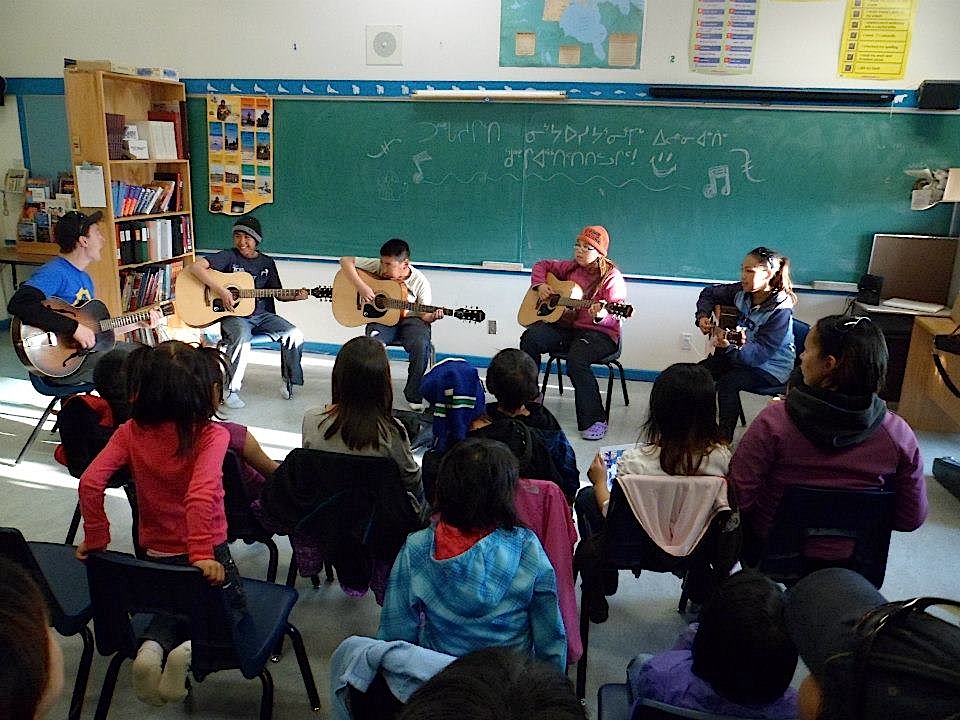 Here Andrew Morrison, on far left with guitar, leads participants at a recent music camp in Pangnirtung. (PHOTO COURTESY OF A. MORRISON)
