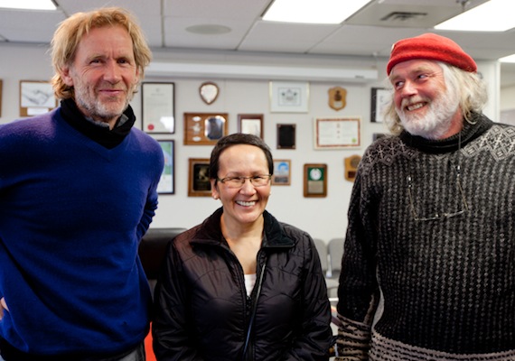 Jan Wanggaard and Bjørn Myrann meet with Cambridge Bay mayor Jeannie Ehaloak Aug. 13, about their plans to bring the submerged hulk of the Maud or Baymaud, once sailed by Norwegian polar hero Roald Amundsen, back to Norway. 