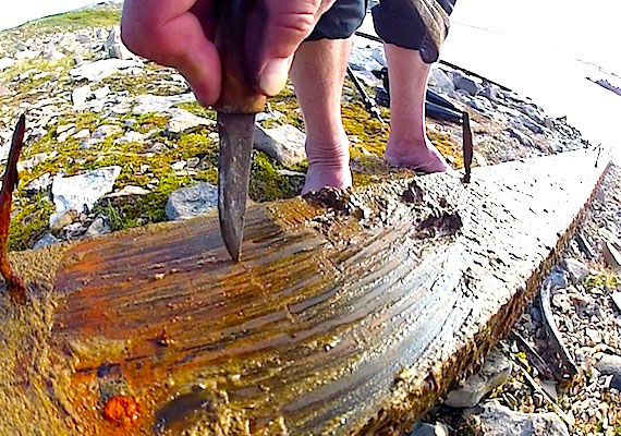 This plank retrieved from the waters off Cambridge Bay once covered the hull of the Maud, or Baymaud, used more than 80 years ago by the Norwegian polar explorer Roald Amundsen. Read more about the project 