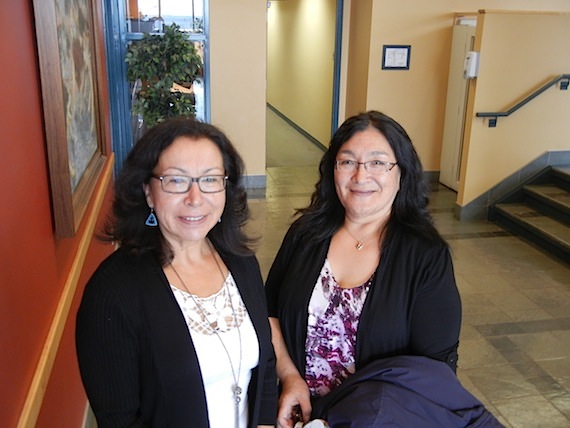 Minnie Grey and Lizzie Aloupa stand in the lobby of the Kativik Regional Government building in Kuujjuaq Sept. 11 after speaking to KRG regional councillors about a new plan to restore social peace in Nunavik, Read more about the Regional Partnership Committee and its suggestions for community action on Nunatsiaqonline.ca. (PHOTO BY JANE GEORGE)