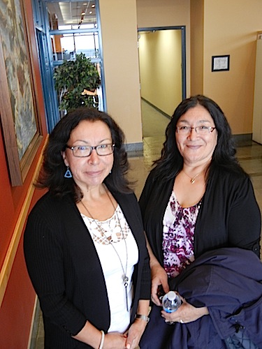 Minnie Grey and Lizzie Aloupa at the Kativik Regional Government office in Kuujjuaq where they presented an alternative intervention plan to regional councillors Sept. 11. (PHOTO BY JANE GEORGE)