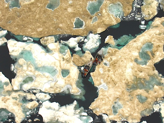 This photo, taken Sept. 9 by an ice reconnaissance aircraft, shows how two boats carrying nine hunters from Cape Dorset were surrounded by heavy ice as they attempted to head towards Coral Harbour. Read more about the rescue of the stranded hunters on Nunatsiaqonline.ca. (PHOTO COURTESY OF ENVIRONMENT CANADA/ TRANSPORT CANADA)