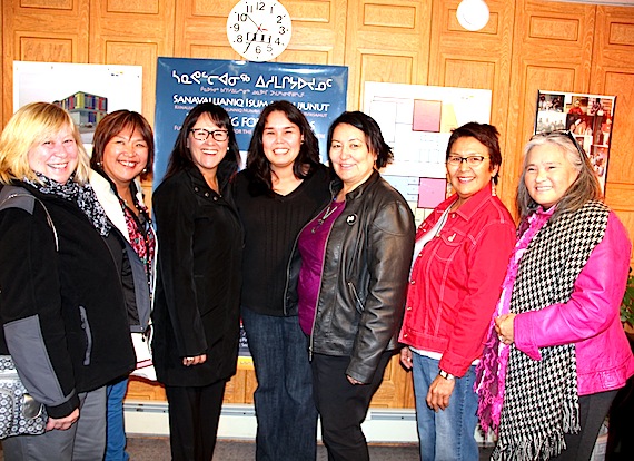Debbie Brisebois, executive director of the Inuit Broadcasting Corp., Qikiqtani Inuit Association president Okalik Eegeesiak, Nunavut MP Leona Aglukkaq, Madeleine d’Argencourt, the chairperson of IBC's board, Nunavut Tunngavik Inc. president Cathy Towtongie, Nunavut Commissioner Edna Elias and Elisapee Sheutiapik, the president of Pauktuutit national Inuit women's association, stand together following the announcement of the IBC's new fundraising campaign “Sanavallianiq Isumagijaujunut – Building for Dreams.” The campaign wants to raise $8.8 million for the future Nunavut Media Arts Centre. “The concrete pad lies ready and waiting for the building in Iqaluit,” said d’Argencourt. “The up-to-date facility with modern equipment will enable IBC to continue to build on its impressive 30 year legacy of Inuit language programming.”  (PHOTO BY SAMANTHA DAWSON)