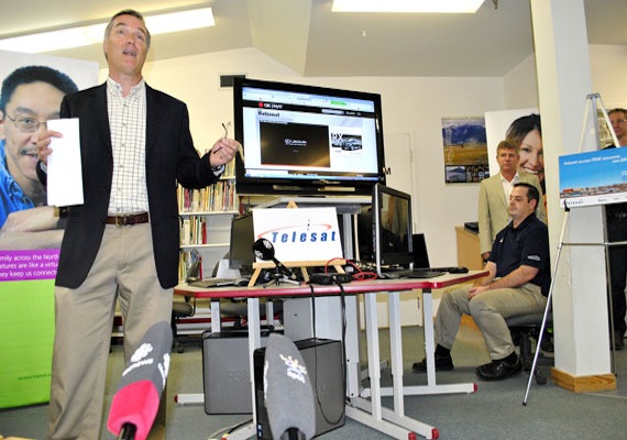 Paul Bush, the North American vice president of business development for Telesat, speaks to an audience gathered Sept. 24 at the Iqaluit library, where Telesat is demonstrating what it calls