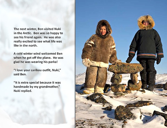 Ben, who lives in a big southern city, and Nuki, who lives in an Arctic community, chat about life in this page from a new children's book by Michelle Valberg, called 