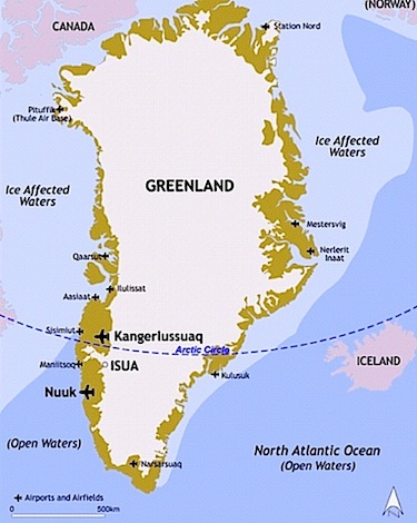 This map shows the location of the proposed Isua iron mine on Greenland's western coast. (FILE IMAGE)