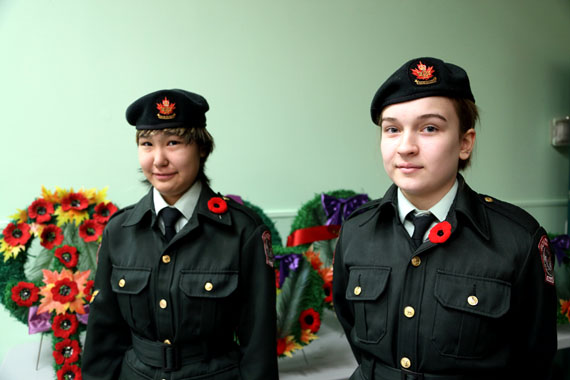 Hope Aitaok and Kennady Clarke of the  3004 Cambridge Bay Army Cadet Corps at Remembrance Day observances held at the Luke Novoligak community centre in Cambridge Bay. To give our staff a day off, Nunatsiaq News will not post any website updates on Nov. 12. Readers may look forward to new material Nov. 13. (PHOTO BY RED SUN PRODUCTIONS)