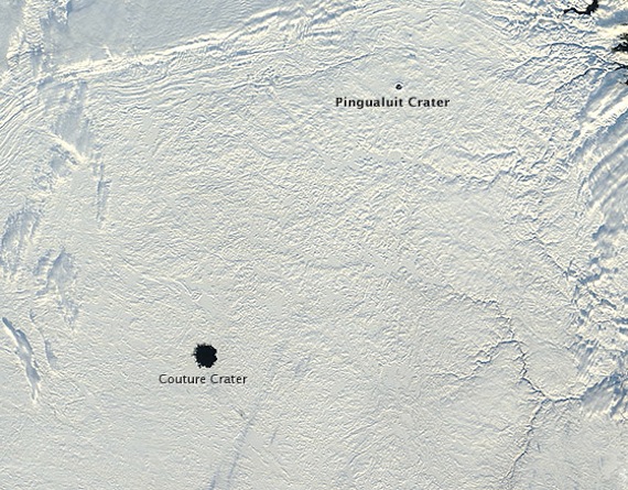 When NASA’s Aqua satellite passed over Nunavik on Nov. 25, snow and ice had transformed the landscape of the Ungava Peninsula. Just two areas, both near-perfect circles, remained free of ice. These ice-free areas, seen above, are the Pingualuit and Couture craters, formed millions of years ago by meteorites striking the surface. Today these craters hold deep lakes. Couture is roughly eight kilometres wide and has a water depth of 150 m; Pingualuit’s lake is about three km across and has a depth of 246 m. “The crater lakes hold such huge volumes of water in comparison to the surrounding glacial lakes that they’re slower to respond to temperature changes,”  Reinhard Pienitz, a fresh water lake expert who has collected sediment cores from Pingualuit, said in a NASA update. “Pingualuit Crater Lake is always the last to freeze in the winter and the last to melt in the spring.” Still, Pienitz said he found it surprising that the crater lakes were ice-free so late in November. Pingualuit usually has open water for just six-to-eight weeks in August and September. Pienitz said he suspects the unseasonably warm summer played a role in keeping the lakes ice-free so late this year. Meteorological records from Environment Canada show that average temperatures at weather stations near the lakes have been above normal for every month since July. To learn more about the impact of climate change in Nunavik, Nunatsiaqonlineline.ca brings you special coverage of 