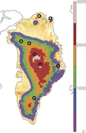 Simulated ice thickness for the Greenland ice sheet for the last interglacial period (about 126,000 year ago) shows that there was no ice in northern Greenland. Circles show locations with ice core data. (IMAGE COURTESY OF THE BJERKNES CENTRE)