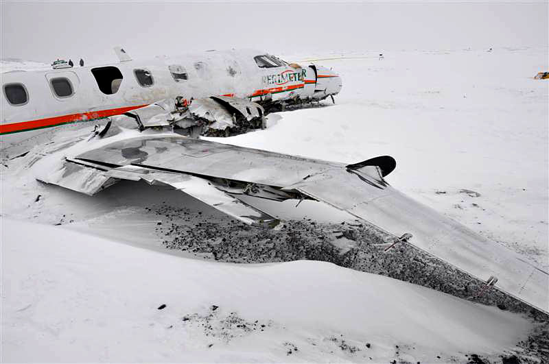 The Perimeter Aviation Metro 3 aircraft that crashed Dec. 22 near the end of the Sanikiluaq runway. Isaac Appaqaq, the six-month-old baby who died in the accident, was not strapped in with a seat belt, Nunavut's chief coroner said Dec. 27. (PHOTO COURTESY OF THE RCMP)