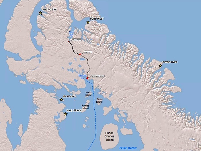 This map shows the path of location of Baffinland Iron Mines Corp.'s Mary River iron mine project, along with the planned roads, railways and shipping routes. (FILE IMAGE)
