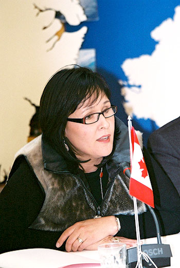 Nunavut MP Leona Aglukkaq speaks to the May 2011 meeting of the Arctic Council in Nuuk, Greenland. (FILE PHOTO) 