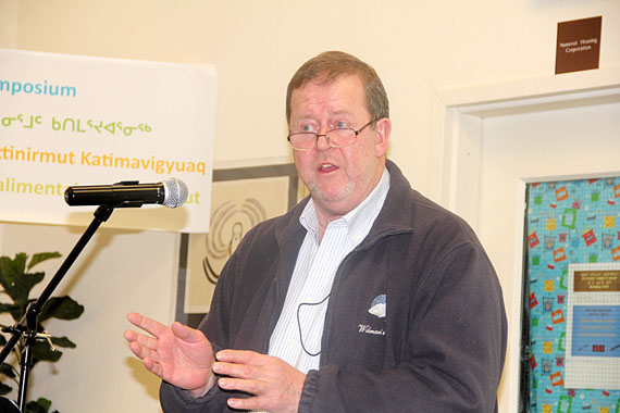 David Wilman, the director of Iqaluit's Tukisigiarvik Centre, speaks to delegates at the opening of the Nunavut Food Security Symposium Jan. 21 at the Iqaluit Soup Kitchen. The symposium will look at country food access, “market food” access, policy and legislation, financial literacy, local food production, and community programs.  The three-day symposium, hosted by the Nunavut Food Security Coalition, is a step in the right direction, but only if governments and Inuit organizations “move from theoretical actions into very practical real action quickly,” Wilman said. He also talked about the poverty and food issues he sees at the Tukisigiarvik Centre on a regular basis. Read more later on Nunatsiaqonline.ca (PHOTO BY SAMANTHA DAWSON) 