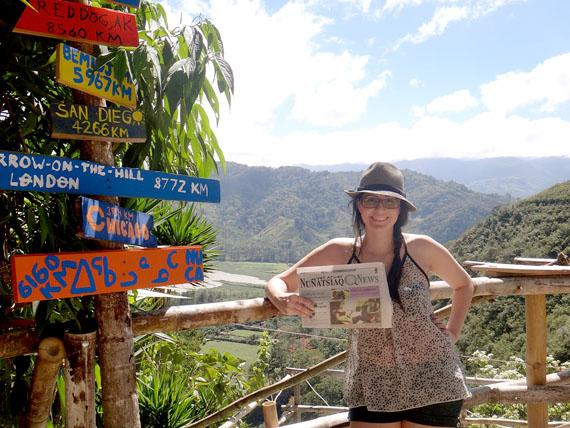 Emma Davis, a registered nurse from Iqaluit, is spending the month of January at a mountaintop bed-and-breakfast in Costa Rica, about an hour from the country’s capital city, San José. While there, she made a sign in syllabics that points to Iqaluit. (PHOTO COURTESY OF EMMA DAVIS)