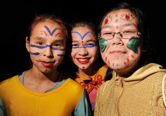 Kimberly Karpik, Betty Etok and Teresa Annanack are ready to perform Feb. 15 at Ulluriaq School In Kangiqsualujjuaq where students in the circus training program Cirqiniq performed a work called 