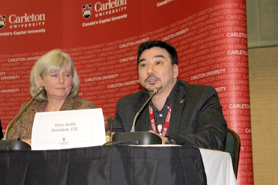 Terry Audla, the president of Inuit Tapiriit Kanatami, at a panel discussion on the Arctic Council held Jan. 30 at Carleton University in Ottawa. Whether the issue involves new resource development regulations or implementing climate change mitigation, Inuit, who have been reliable stewards of the Arctic environment, must be at the negotiating table, Audla said. He is seated here beside Norwegian Ambassador Mona Elisabeth Brøther. Canada will chair the eight-member Arctic Council for two years starting in May. See Nunatsiaqonline later for story. (PHOTO BY LISA GREGOIRE)