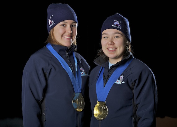 Julia St-Aubin and Andrea Brazeau of Kangiqsualujjiuaq wear the gold medals they received last weekend when their Nunavik Nordiks team won a tournament in Ottawa. Read more about the game later on Nunatsiaqonline.ca. (PHOTO BY PASCAL POULIN)