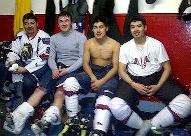 Kuujjuaq Umimmak players start packing it in on March 24 after their fourth and final game of a weekend series they played in Rankin Inlet, following an 8-4 loss at the hands of the home team. Charlie Tukkiapik, second from left, was second star of the game. Teammates Larry Snowball and Putulik Tayara are on the right and Edward Watkins at left. (FILE PHOTO)
