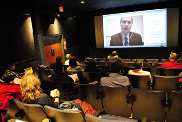 Olivier De Schutter, the UN’s special rapporteur on the right to food, speaking at a webcast event broadcast through Iqaluit’s Astro Theatre and many other locations across Canada. (PHOTO BY JIM BELL)