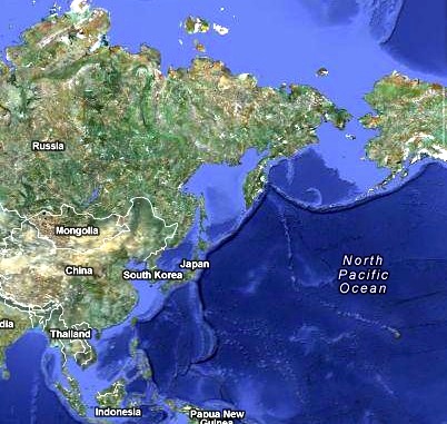 This Google map shows the location of Japan, located about 5,400 kilometres southwest of Alaska.