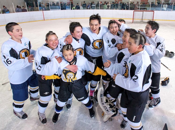 Salluit bantam hockey players rejoice after winning 6-1 over Kuujjuaq April 6 in the final game of the Nunavik Youth Hockey Development Program's regional tournament, held in Kangiqsualujjuaq. The match was close in the first period, but after that, Salluit players went on to win the game, with Joshua Papigatuk scoring four goals. (PHOTO BY PASCAL POULIN)