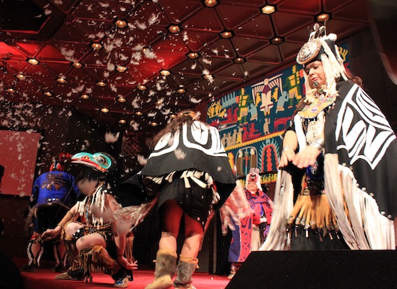 The Yukon's Dakhká Khwáan Dancers wowed an audience of 500-plus at the National Arts Centre in Ottawa Thursday night during the opening ceremony of the NAC's Northern Scene festival. Running until May 4, the festival features 250 artists and 50 events. (PHOTO BY LISA GREGOIRE)