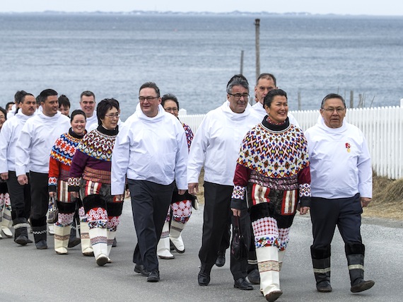 Greenland's new premier Aleqa Hammond, front at left, walks to the Hans Egede Church with speaker Lars Emil Johansen, members of her new coalition government, Atassut chairman Gerhardt Petersen and Partii Inuit president Nikku Olsen, former premier Kuupik Kleist (who is still the leader of the Inuit Ataqatigiit party), and other members of the Inatsisartut parliament, April 5 in Nuuk, when Greenland's recently-elected government officially took power.  (PHOTO BY LEIFF JOSEFSEN/SERMITSIAQ AG)