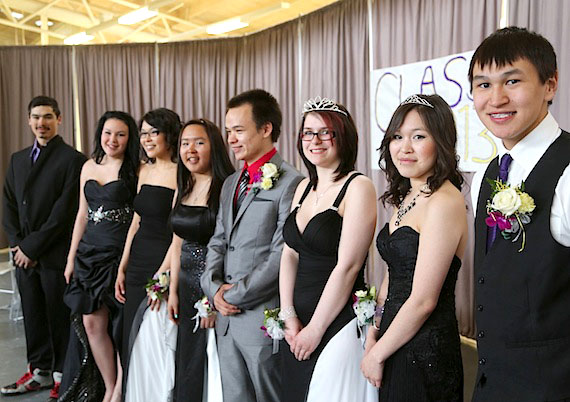 Dressed to celebrate: Kiilinik High School grads in Cambridge Bay, who received their diplomas May 25, look their best at this past weekend's prom: from right to left Gavin Greenley, Janelle Nahogaloak-Taylor, Rachel Chenier, Eric Kitigon, Carley Kaiyok Ehaloak, Shanice Kamingoak, Meika Isnor and Luc-Paul Uvilluq. (PHOTO BY RED SUN PRODUCTIONS)