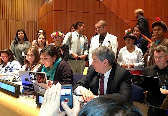 The global Indigenous Youth Caucus presents its statement on health May 20 at the United Nations Permanent Forum on Indigenous Issues. More than 2,000 indigenous participants from all regions of the world are expected to attend the UN Permanent Forum on Indigenous Issues at UN Headquarters in New York from May 20 to May 31. (PHOTO COURTESY OF RUNE FJELLHEIM)