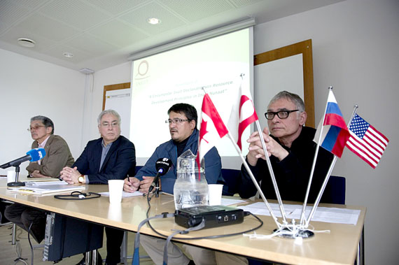 The current leadership of the Inuit Circumpolar Council seen at a 2011 event: from left to right: Carl Christian Olsen (Greenland), Aqqaluk Lynge, chair, Duane Smith (Canada) and Jim Stotts (Alaska). (FILE PHOTO)