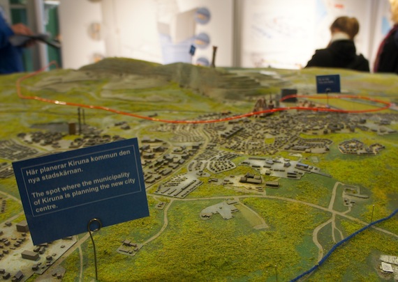 Welcome to Kiruna, the northern Swedish town which mining made — and will now move. This city model on display in Kiruna shows where the new city centre will be moved due to unstable land and the need to expand the huge iron mine, the Kirunavaara mine, run by LKAB. Ministers from the Arctic Council's eight member nations, along with the council's permanent indigenous participants, will meet May 15 in Kiruna's current town hall — and then visit the mine site after their ministerial meeting ends. Read more about the events on May 15, which include the hand-over of the Arctic Council chairmanship to Canada, with exclusive on-site coverage and photos for Nunatsiaqonline.ca. (PHOTO BY ALEX BOYD)