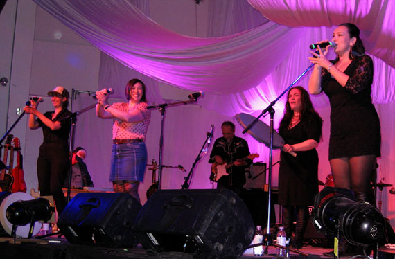 A show called Circumpolar Soundscape closed out the third day of Iqaluit's Alianait festival on Sunday night, June 30. The team of four aboriginal musicians includes, from left, Greenland's Nive Nielsen, Diyet of Yukon, Sylvia Cloutier of Nunavut (born in Nunavik.) and Leela Gilday of the Northwest Territories. The quartet performed a range of Arctic-inspired tunes, with throat singing, traditional drums, guitar and ukelele, backed by northern musicians. (PHOTO BY PETER VARGA)