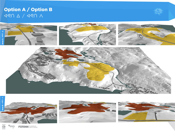 This relief map shows the City of Iqaluit’s next two areas slated for residential and commercial development. Area A, in yellow, is along the Apex Road and area B, in red, along the Road to Nowhere. The city will decide this summer which to develop first, for 2016, after they hear from the public. (CITY OF IQALUIT)
