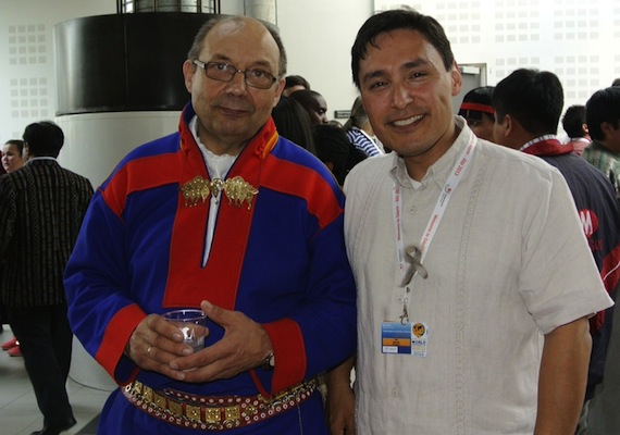 Egil Olli, president of the Saami Parliament in Norway, and Kirt Ejesiak, executive council member from Canada at the Inuit Circumpolar Council, meet June 9 at the Global Preparatory Indigenous Peoples Conference in the Norwegian Arctic city of Alta. Read more about the conference, where Saami and Inuit work together as members of the Arctic Caucus, and Olli's opening speech to the group of indigenous peoples from around the world June 10 on Nunatsiaqonline.ca. (PHOTO COURTESY OF K. EJESIAK)